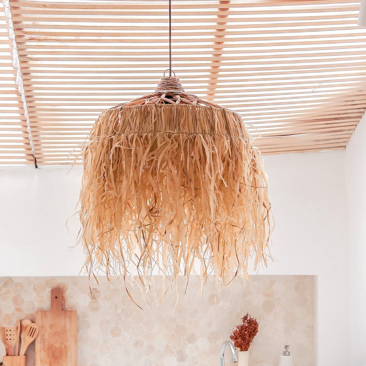 KAWI Handwoven Raffia Pendant Lamp with Long Fringes - CozyVibe.eu